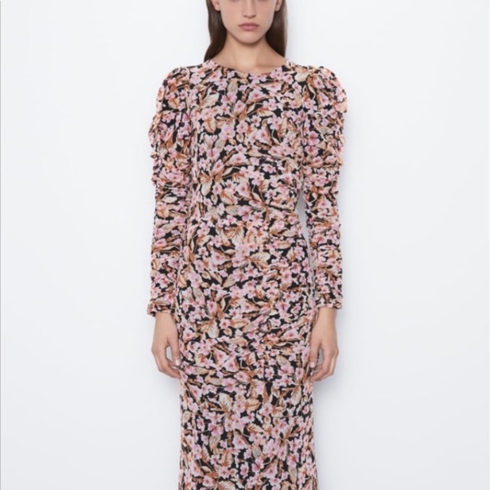 Zara Floral Ruched Midi Dress